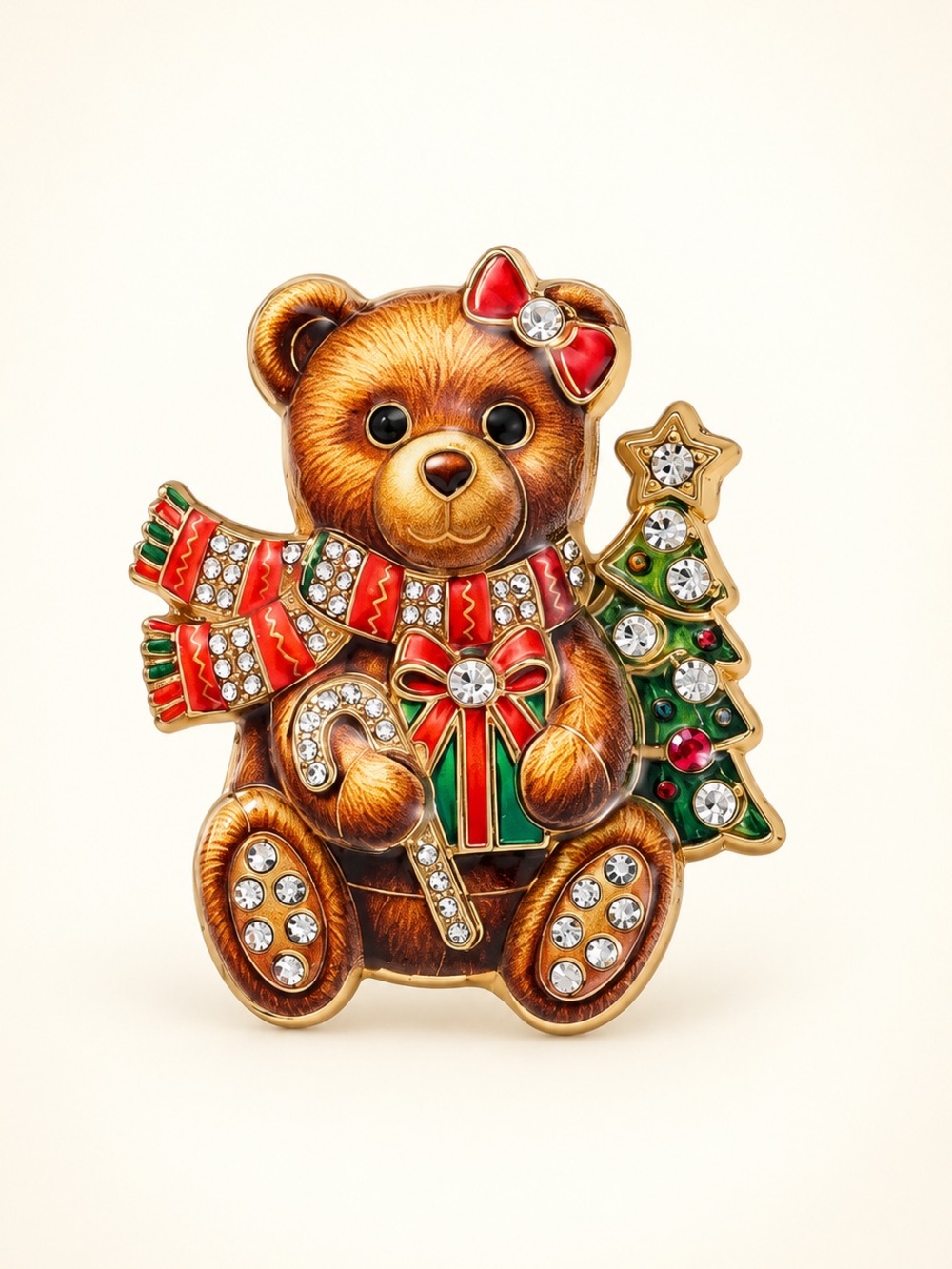Christmas Teddy Bear Festive Brown Gold Brooch